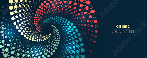Big data visualization. Processing of data arrays, sorting. Filtering machine algorithms. Data stream in the form of an array of spirals and binary code. Vector database background.