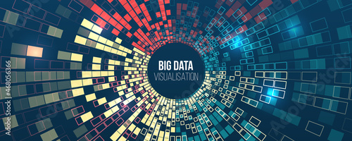 Big data visualization. Processing of data arrays, sorting. Filtering machine algorithms. Data stream in the form of an array of circles and binary code. Vector database background.