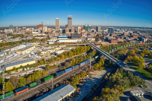 Aerial View of Downtown Omaha, Nebraska in Autumn