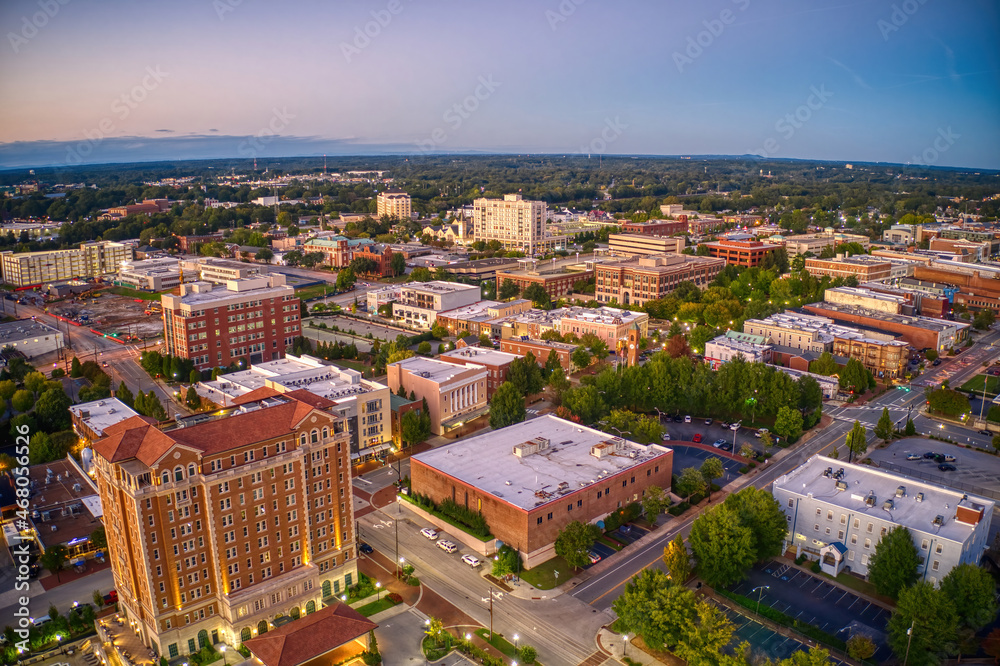 Aerial View of Spartanburg, South Carolina at Dusk