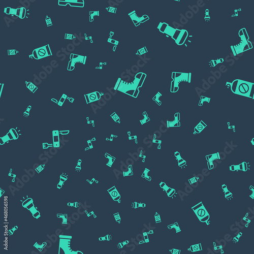 Set Hunter boots, Flashlight, Swiss army knife and Spray against insects on seamless pattern. Vector