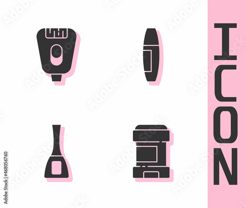 Set Antiperspirant deodorant roll, Epilator, Nail polish bottle and Mascara brush icon. Vector