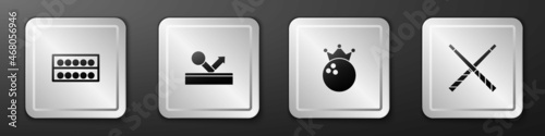 Set Billiard balls on a stand, , Bowling and Crossed billiard cues icon. Silver square button. Vector