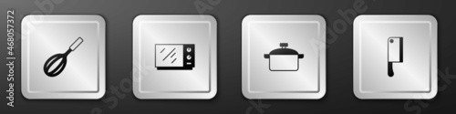 Set Kitchen whisk, Microwave oven, Cooking pot and Meat chopper icon. Silver square button. Vector