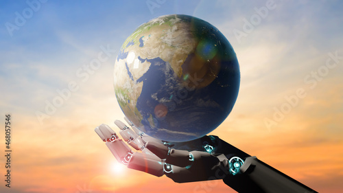 Fototapeta Naklejka Na Ścianę i Meble -  Artificial intelligence robot hand holding global earth, eco friendly protecting environmental world with AI technology machine learning research preservation nature of life, 3d model futuristic.