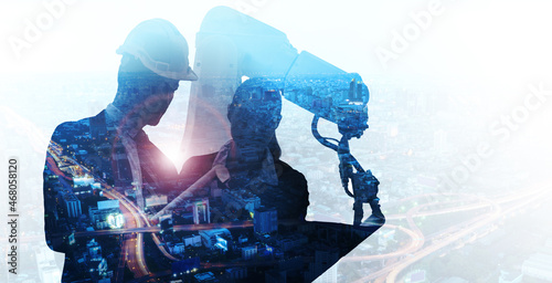 Futuristic architecture engineer using robot ai technology assistant development of modern city building structure, innovative idea efficient work teamwork dynamic blue double exposure background