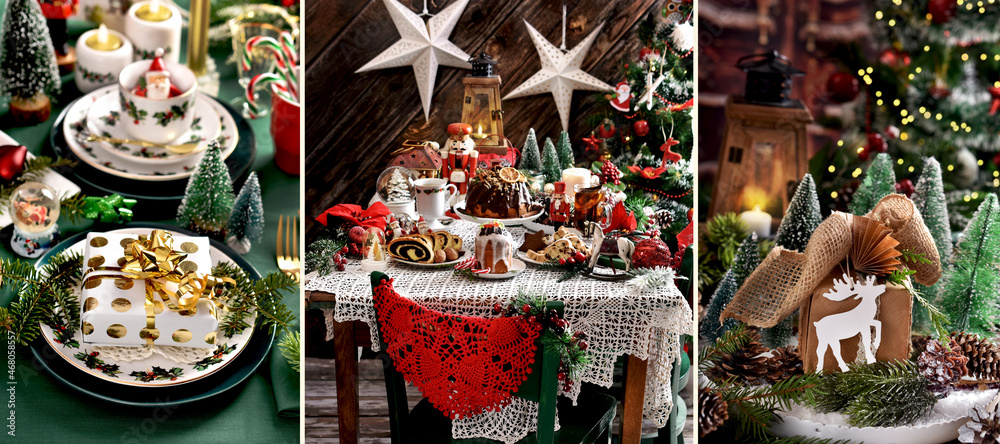 Fototapeta premium Christmas collage with festive table setting and Christmas gift box