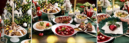 Christmas collage with traditional Polish Christmas Eve dishes on festive table