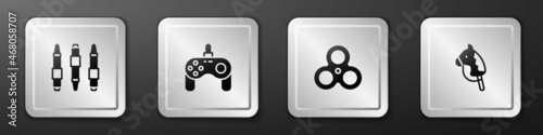 Set Marker pen, Gamepad, Fidget spinner and Toy horse icon. Silver square button. Vector