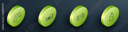 Set Isometric line Water tap, Temperature wash, Sponge and Bottle for cleaning agent icon. Vector