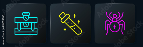 Set line Bottle with potion, Spider and . Black square button. Vector