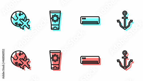 Set line Air conditioner, Globe with flying plane, Sunscreen cream tube and Anchor icon. Vector