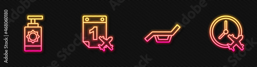 Set line Sunbed and umbrella, Sunscreen spray bottle, Calendar airplane and Clock with. Glowing neon icon. Vector