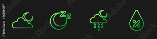 Set line Cloud with rain and moon, , Time to sleep and Water drop percentage. Gradient color icons. Vector