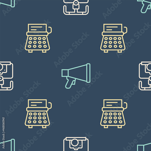 Set line Gimbal stabilizer with camera, Retro typewriter and Megaphone on seamless pattern. Vector