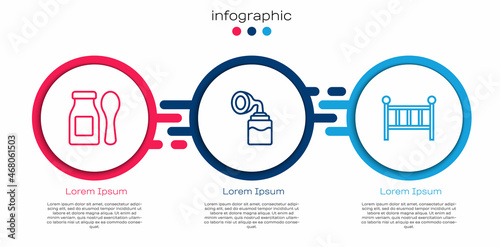 Set line Yogurt in bottle with spoon, Breast pump and Baby crib cradle bed. Business infographic template. Vector