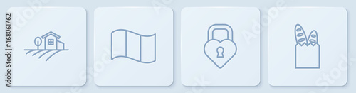 Set line Village landscape, Castle in the shape of heart, Flag France and French baguette bread. White square button. Vector