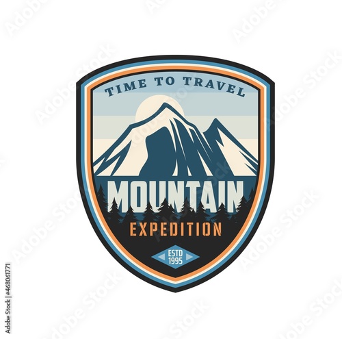 Mountain expedition icon, alpine sport tourism or hiking and trekking adventure club vector emblem. Mountaineering and Alps camping or scout tours, backpacking outdoor activity