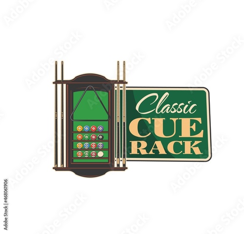 Pool cue rack vector icon of billiards sport game. Billiard and snooker balls, cues or sticks and triangle in brown wood rack with shelves and holders, billiards, pool and snooker game tournament