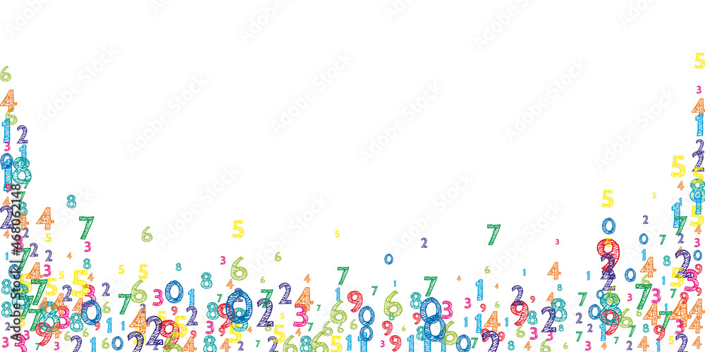 Falling colorful orderly numbers. Math study concept with flying digits. Decent back to school mathematics banner on white background. Falling numbers vector illustration.