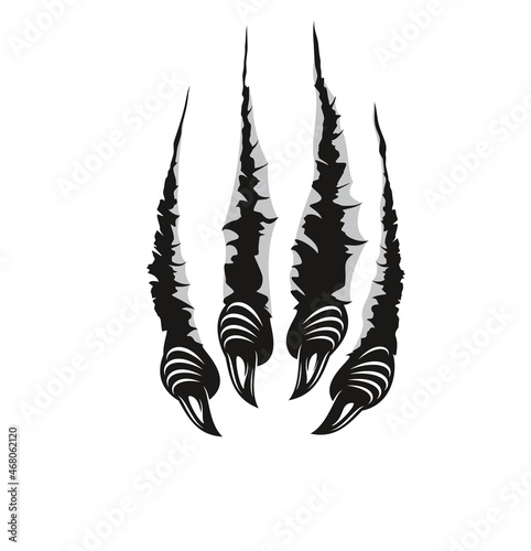 Monster claw marks, scratches of dragon fingers with long nails tears through paper or wall surface. Vector wild animal rips, paw sherds, beast break, four talons traces isolated on white background