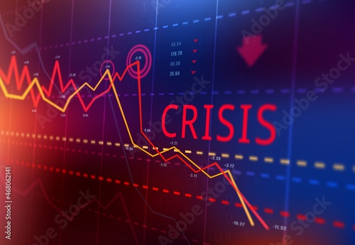 Financial crisis, stock market crash and loss trading graph, investment indicator down turn vector infographics. Economy recession, stock price decrease trend visualization and company bankruptcy