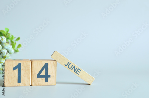 June 14, Calendar cover design with number cube with green fruit on blue background.
