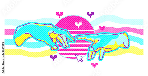 Print for tee, t shirt with hands tend touching together in 90s'  doodle style. Pastel color collage for poster with rainbow, user interface element- pixel hearts. Looks like Michelangelo's work.