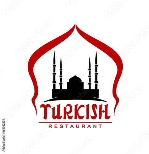 Turkish restaurant icon, Turkey cuisine foo and Istanbul cafe vector sign with mosque silhouette. Turkish Muslim and halal cuisine restaurant emblem for doner kebab or baklava pastry menu