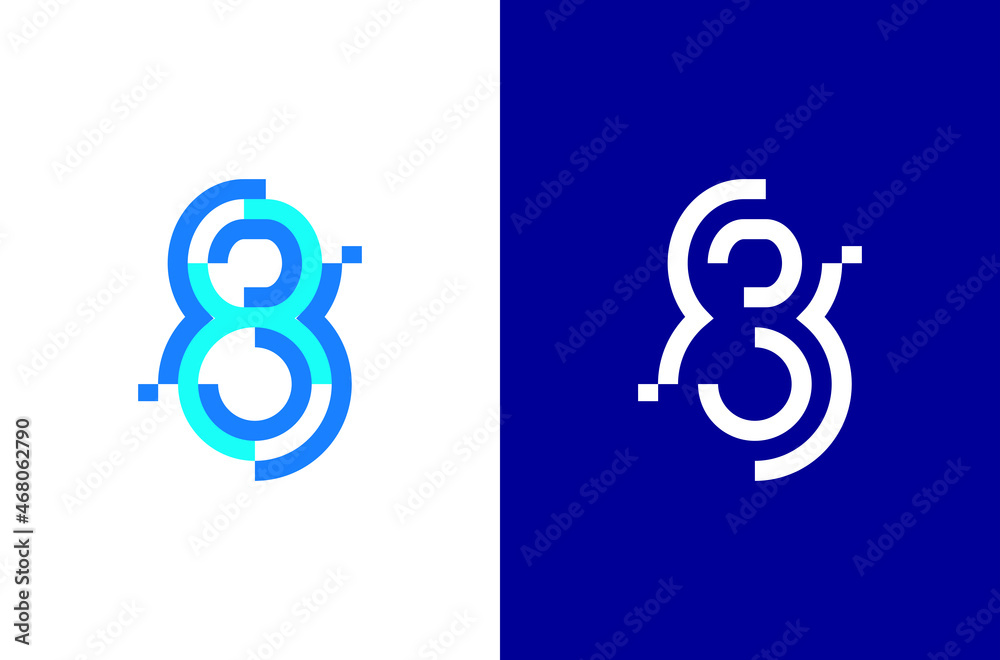 Number 8 digital logo. Numbers design with technology concept. Line logo and pixel Number 8 digital logo. Numbers design with technology concept. Line logo and pixel