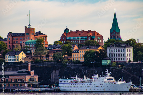 Cruise Ship Parked in front of Beautiful, Traditional Buildings on the Katarina-Sofia Island in Stockholm, Sweden