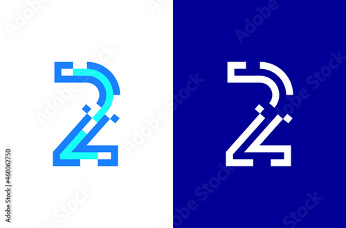 Number 2 digital logo. Numbers design with technology concept. Line logo and pixel