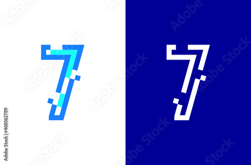 Number 7 digital logo. Numbers design with technology concept. Line logo and pixel