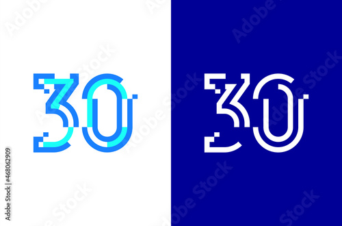 Number 30 digital logo. Numbers design with technology concept. Line logo and pixel