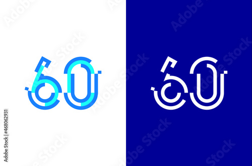 Number 60 digital logo. Numbers design with technology concept. Line logo and pixel
