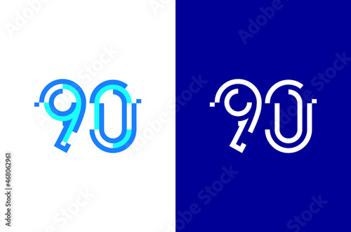 Number 90 digital logo. Numbers design with technology concept. Line logo and pixel