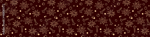 Vector seamless pattern of star anise, carnation, pepper in doodle style. Background or texture of seasonings, food additive, spices