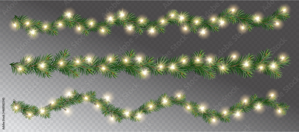  Vector border with green fir branches and with festive decoration elements on transparent background. Christmas tree garland with fir branches and lights. - obrazy, fototapety, plakaty 