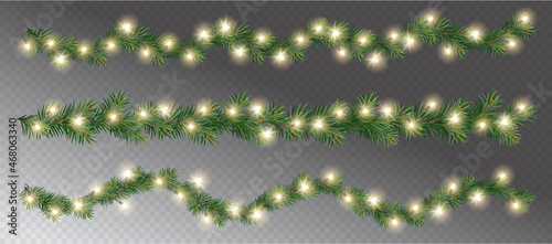  Vector border with green fir branches and with festive decoration elements on transparent background. Christmas tree garland with fir branches and lights.