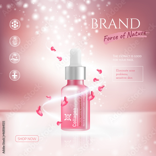 Vector illustration of Cosmetic ads Skin-care bottle and pink rose on light pink background