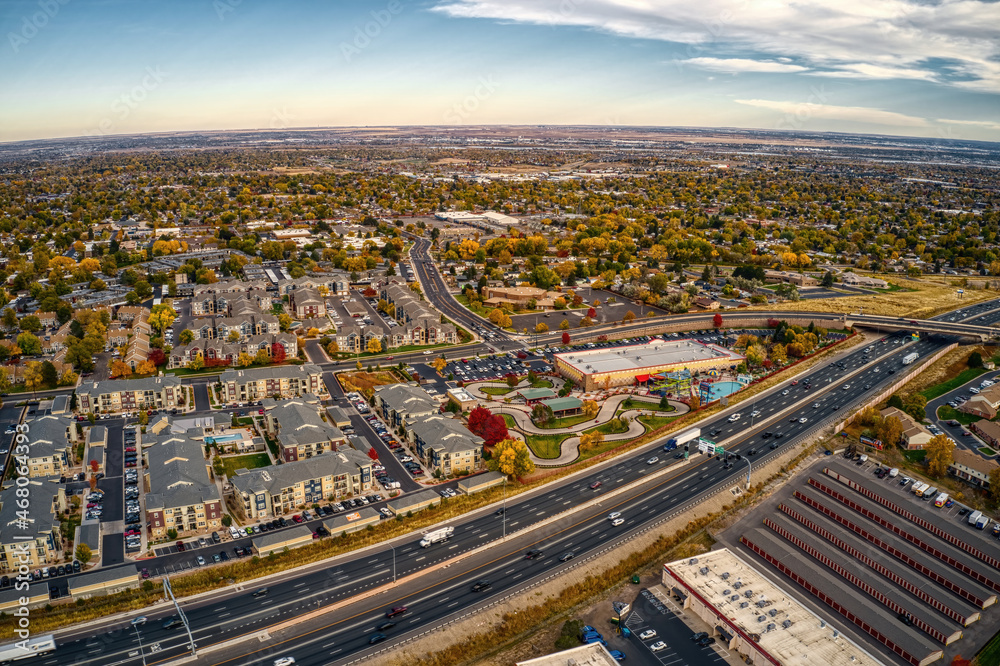 Aerial View of the Denver Suburb of Northglen, Colorado in Autumn