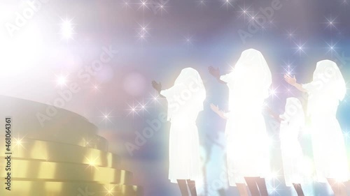 the righteous dressed in white robes before the golden throne of god animation