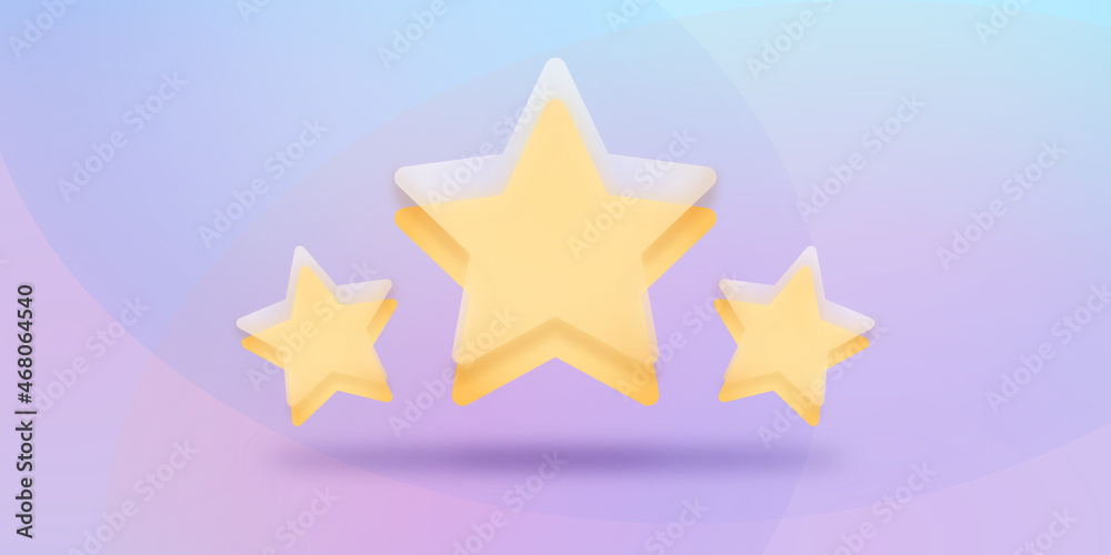 Trzy żółte gwiazdki. Transparentne szklane gwiazdki wskazujące ocenę. Osiągnięcia w grze. Koncepcja oceny od klienta na temat pracownika albo strony internetowej. Do aplikacji mobilnych. - obrazy, fototapety, plakaty 