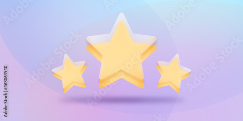 Trzy żółte gwiazdki. Transparentne szklane gwiazdki wskazujące ocenę. Osiągnięcia w grze. Koncepcja oceny od klienta na temat pracownika albo strony internetowej. Do aplikacji mobilnych.