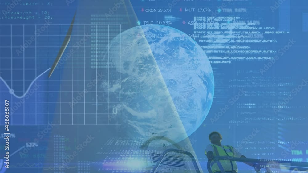 Animation of financial data processing and globe over engineer and wind turbine Animation of financial data processing and globe over engineer and wind turbine