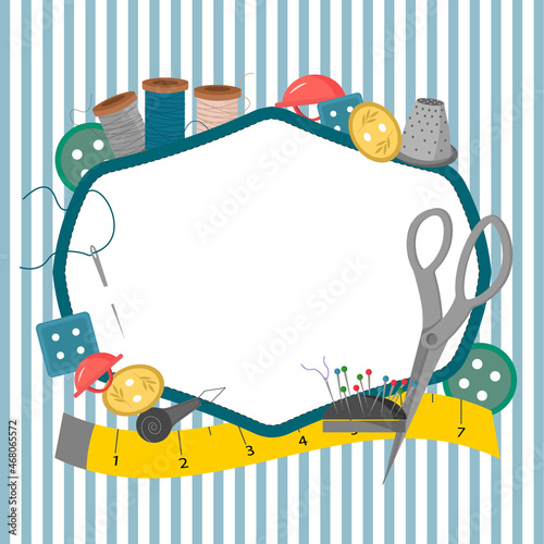 Card template with place for text for tailor. A centimeter and buttons, a thimble and scissors, a spool of thread, a pillow for pins and needles. Vector illustration on a background of stripes. For