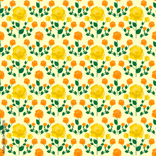 Retro pattern of yellow and orange roses. Vintage retro drawing in hippie and 70s style. Vector illustration. For use in packaging, brochures, fabrics, prints, wallpapers, covers and flyers, packaging