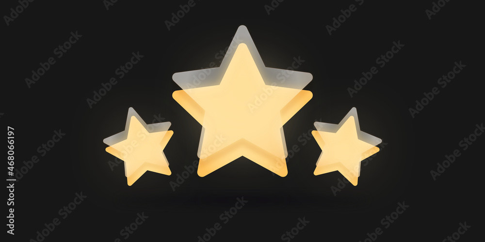 Trzy żółte gwiazdki. Transparentne szklane gwiazdki wskazujące ocenę. Osiągnięcia w grze. Koncepcja oceny od klienta na temat pracownika albo strony internetowej. Do aplikacji mobilnych. - obrazy, fototapety, plakaty 