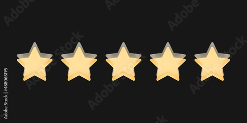 Pięć żółtych gwiazdek. Transparentne szklane gwiazdki wskazujące ocenę. Osiągnięcia w grze. Koncepcja oceny od klienta na temat pracownika albo strony internetowej. Do aplikacji mobilnych.