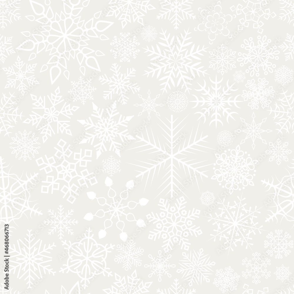 Seamless snowflakes pattern for Christmas and New year postcards or greetings. Winter background of snowflakes.